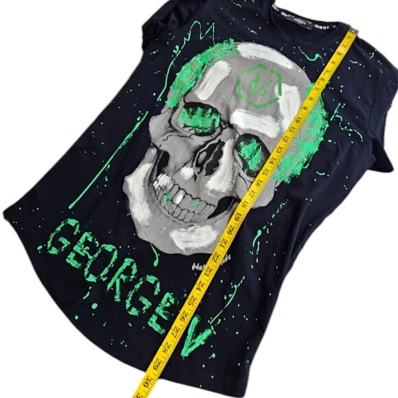 Avenue George V Paris Skull T-Shirt, Splatter Print, Graphic, Blue, Size Large - Picture 3 of 9